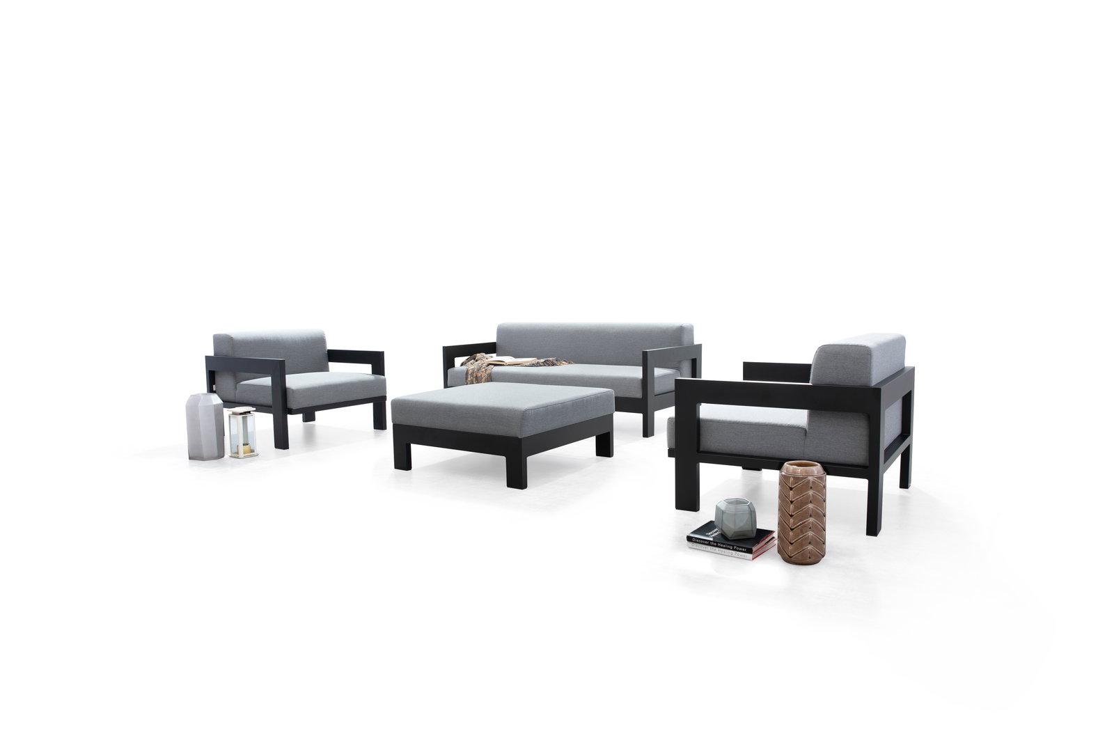 New Noosa Black Outdoor Lounge Set 2+1+1 With Ottoman