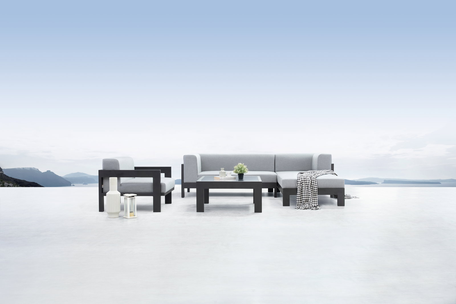 New Noosa Black Outdoor Fabric Chaise Lounge With Armchair & Coffee Table
