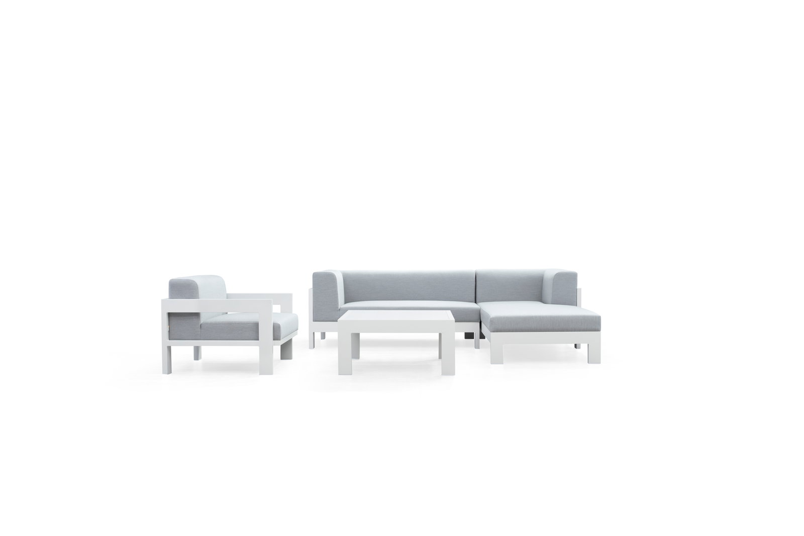 New Noosa White Outdoor Fabric Chaise Lounge With Armchair & Coffee Table
