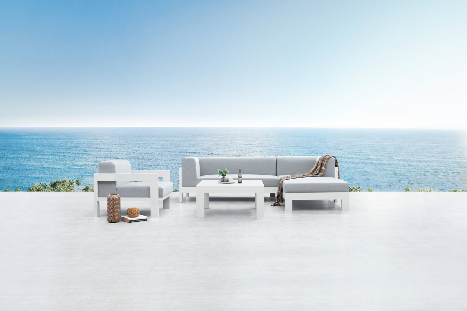 New Noosa White Outdoor Fabric Chaise Lounge With Armchair & Coffee Table