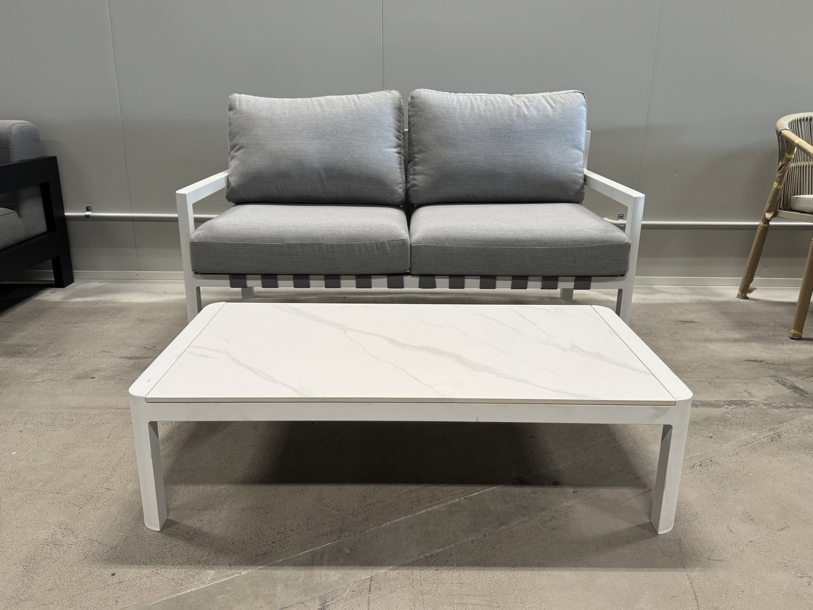 MANLY WHITE Outdoor Two Seat Sofa With Coffee Table (Frame And Fabric: White Frame With Lead Chine Fabric) 1