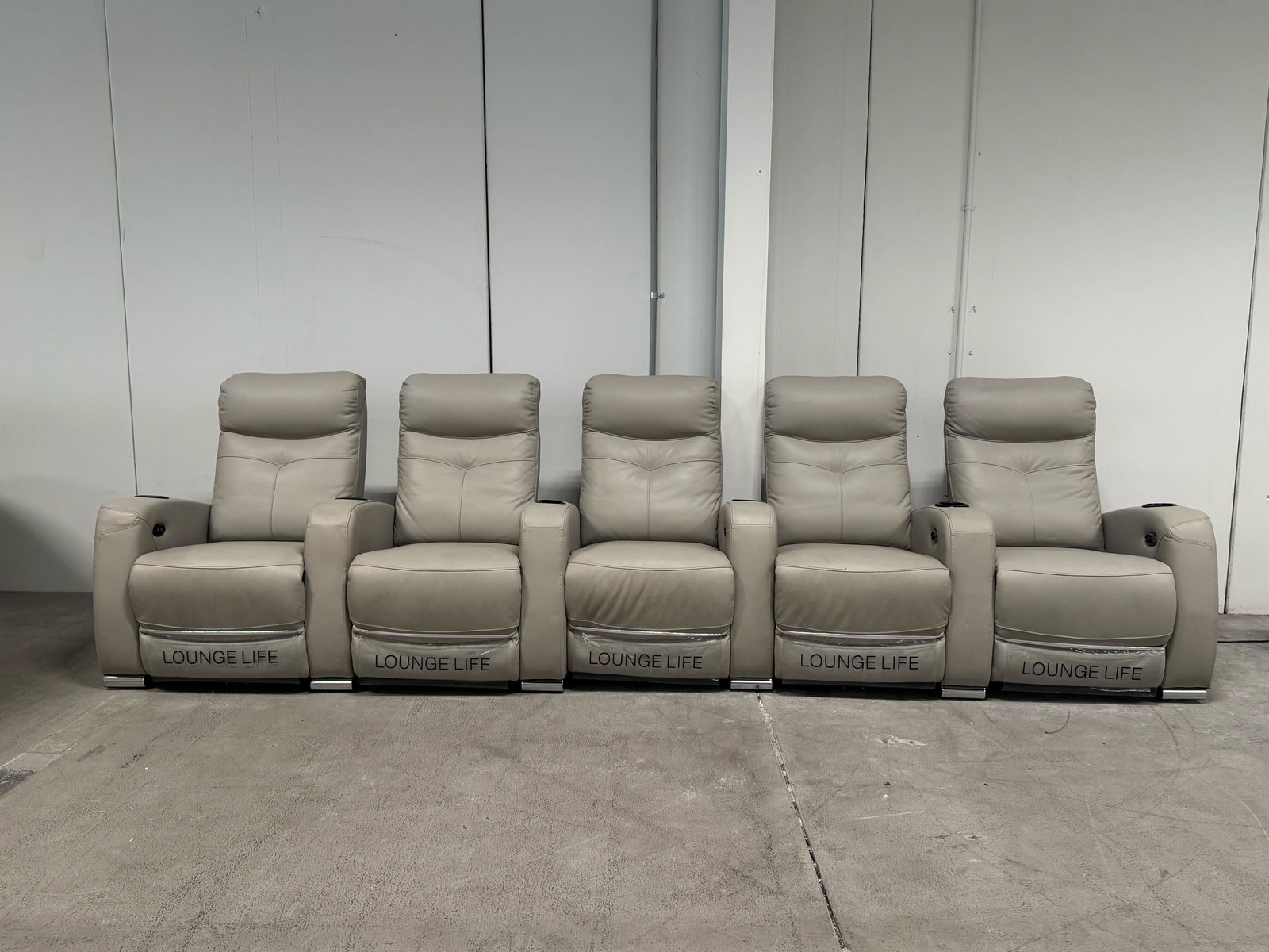 REGENT Leather 5 Seat Home Theatre Recliner Lounge (Material: Leather + Match, Colour: Standard Light Grey, Recliner Type: Electric Recliner) 1