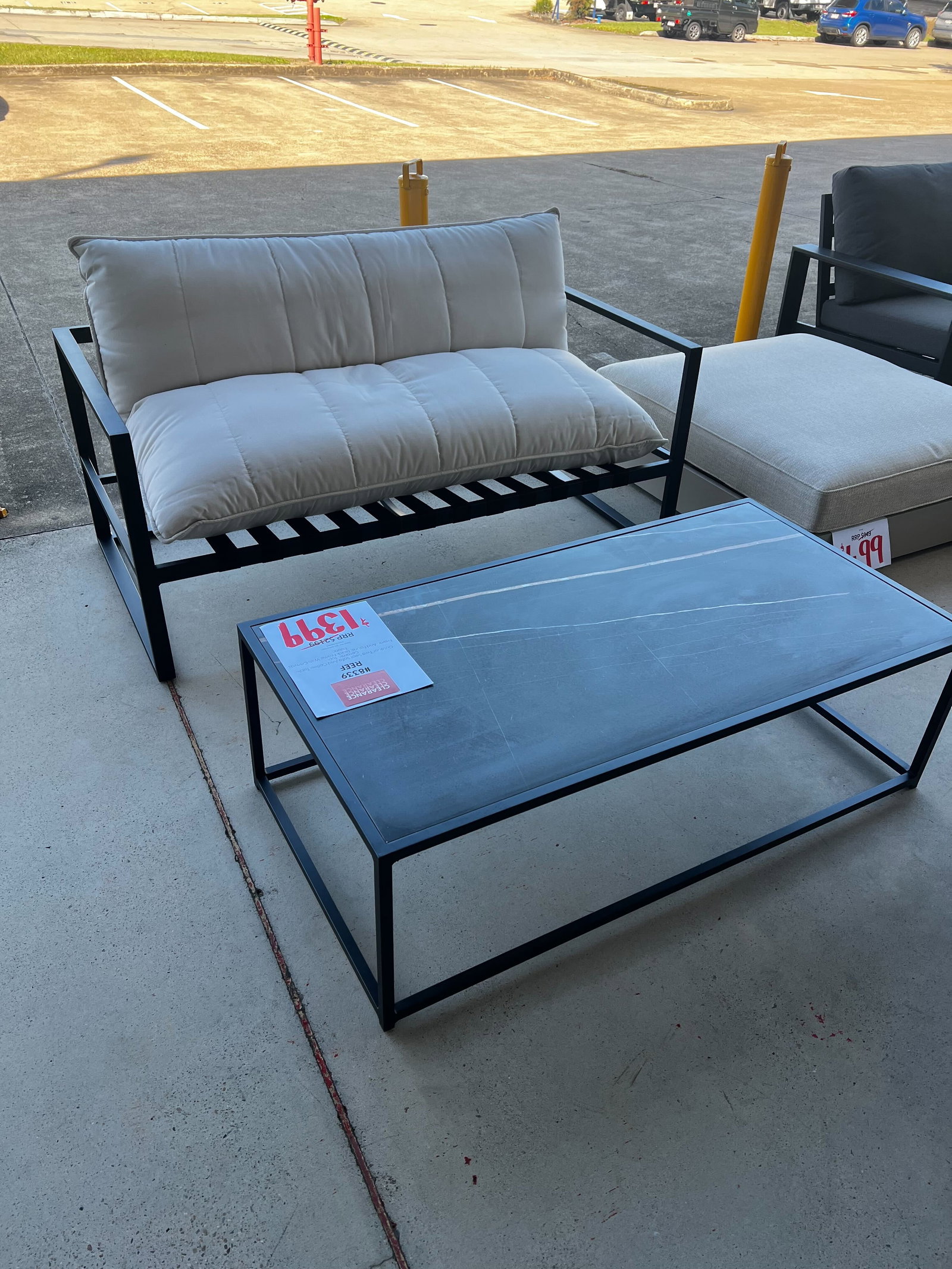 REEF Outdoor Two Seat Sofa And Coffee Table Ceramic Top (Frame And Fabric: Black Frame With Canvas Fabric) 1