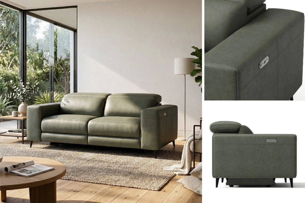 Power recliner sofa control button with 2 seater, looking intentional and quality & 2 seater leather recliner in a compact but considered living space