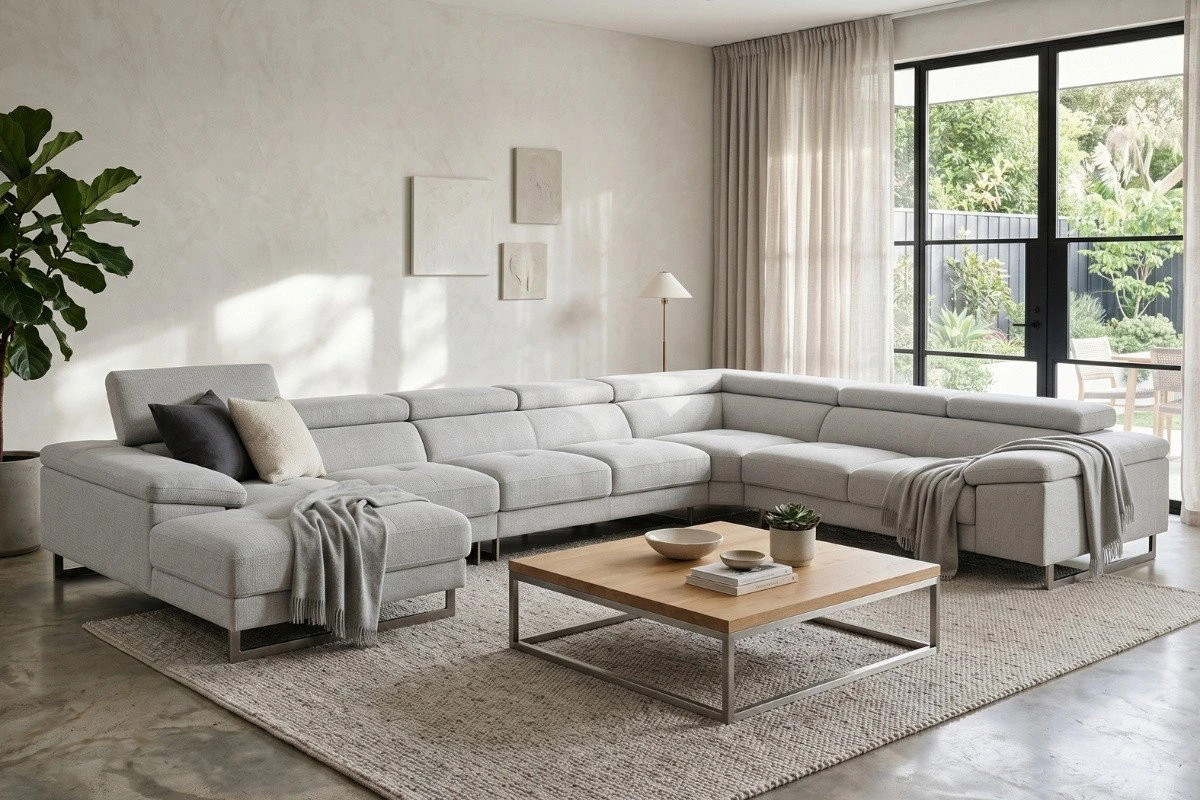 Large modular sofa 7 seater in light grey tone living room