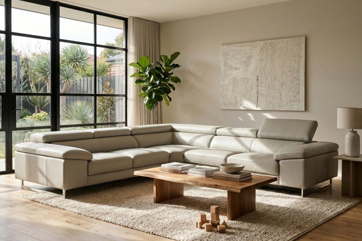 Six seater corner lounge suite in a family living room