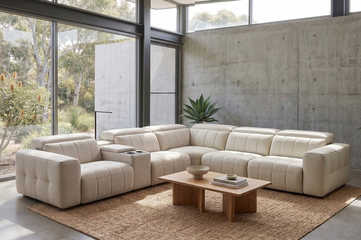 Leather corner lounge and fabric corner lounge in Australian living rooms