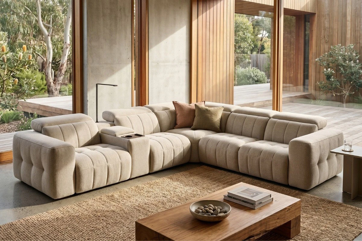 Fabric corner lounge in beige in a modern Australian living room