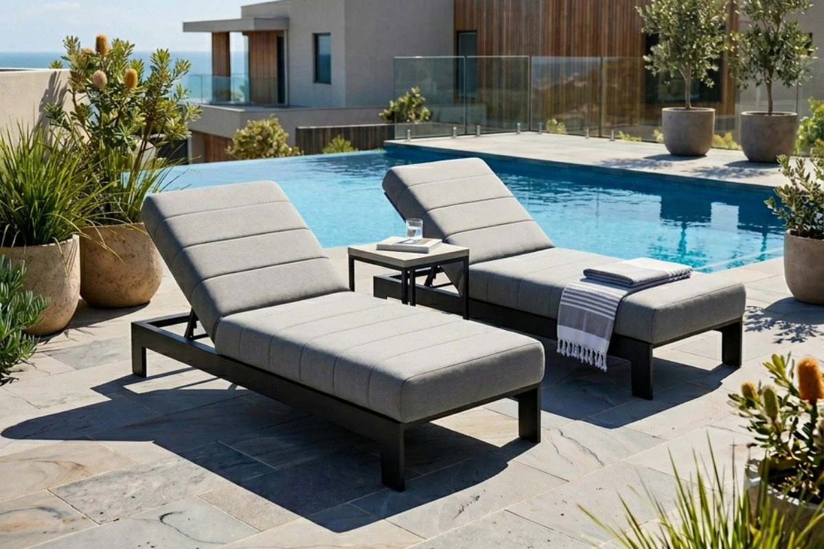 Pool sun loungers beside an Australian backyard pool