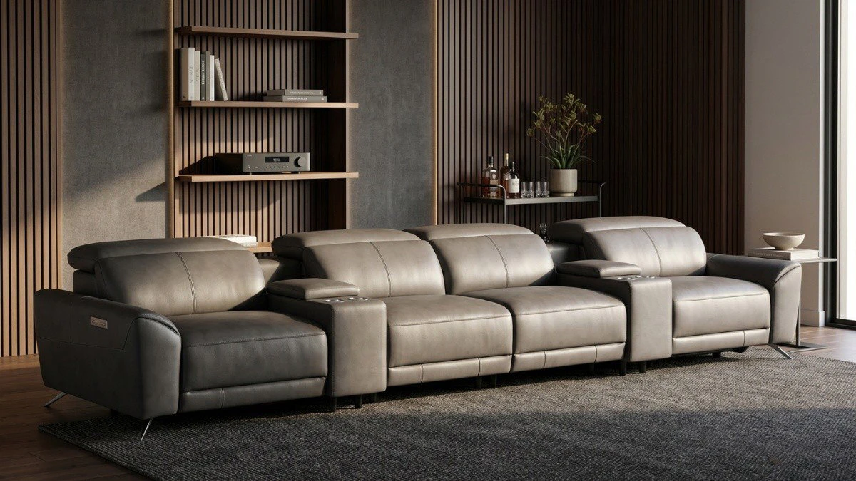 Four seater home theatre lounge with consoles and cup holders