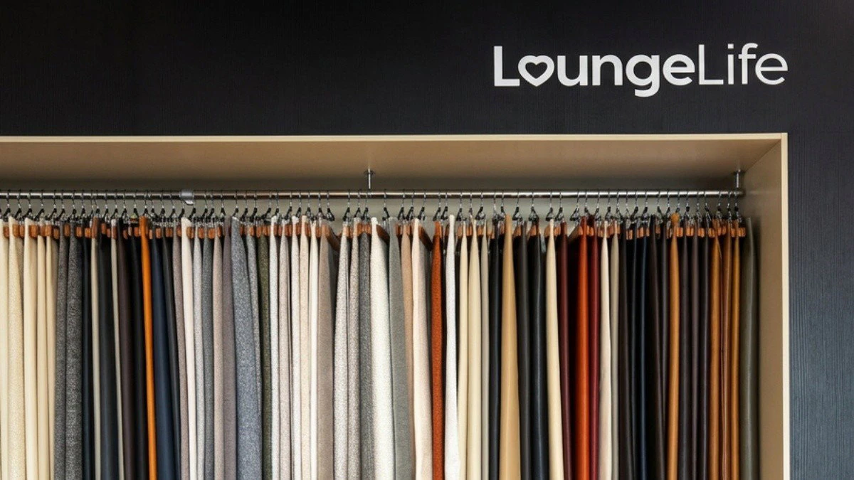 Fabric and leather swatches on display in a Lounge Life showroom