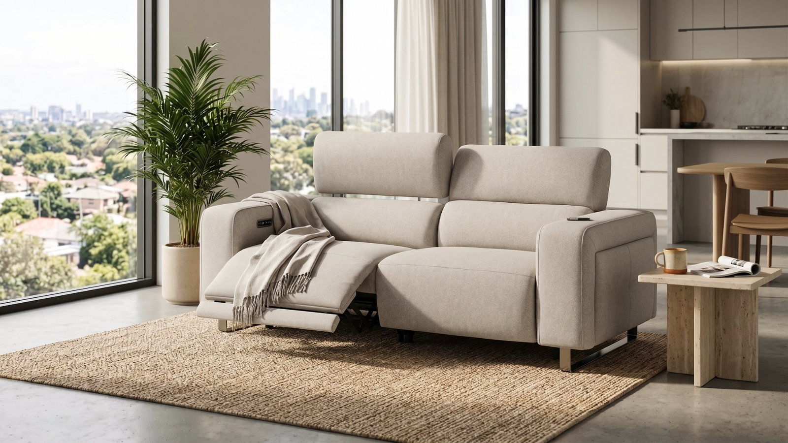 Volt Fabric Two Seater Sofa Power Recliner, Power Headrest with Storage