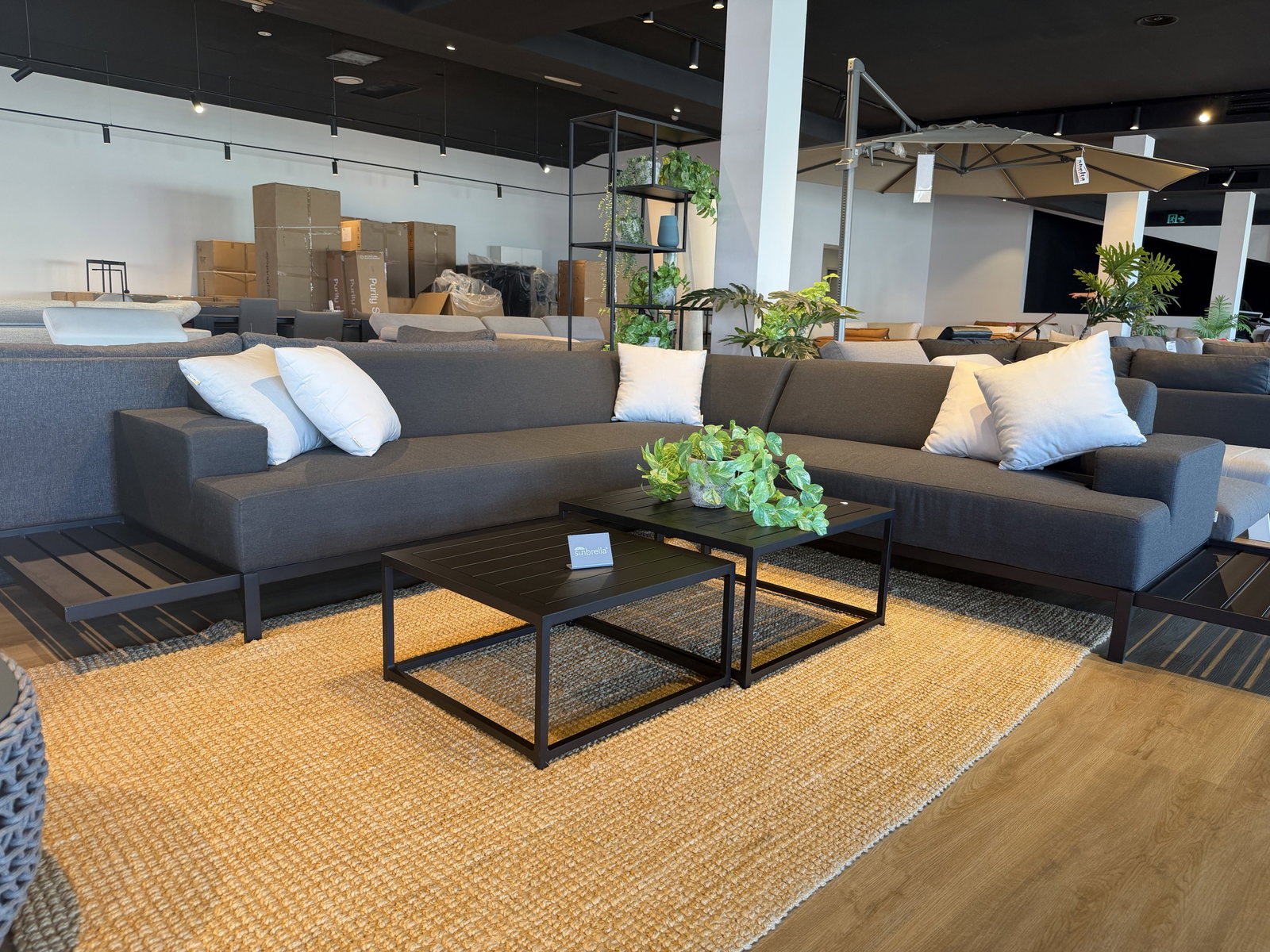 GLAMOUR Corner Lounge Setting With Nested Tables (Sunbrella Sooty) 1
