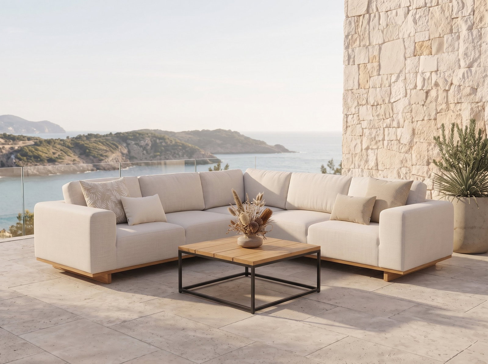 Porta Outdoor Corner Lounge with Ottoman with Teak Accent