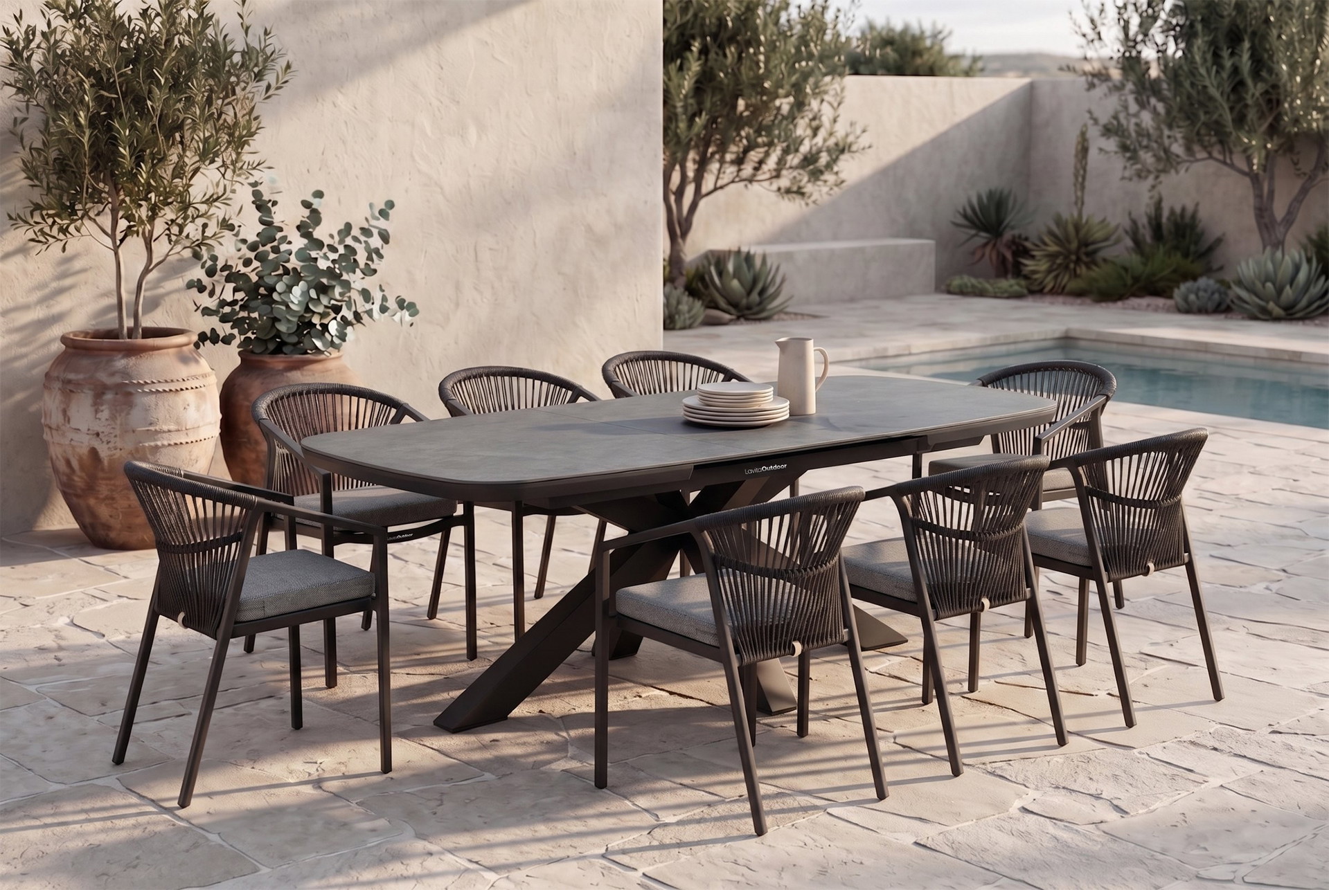 Fraser & Kova Outdoor 9pc Dining Set in Anthractite