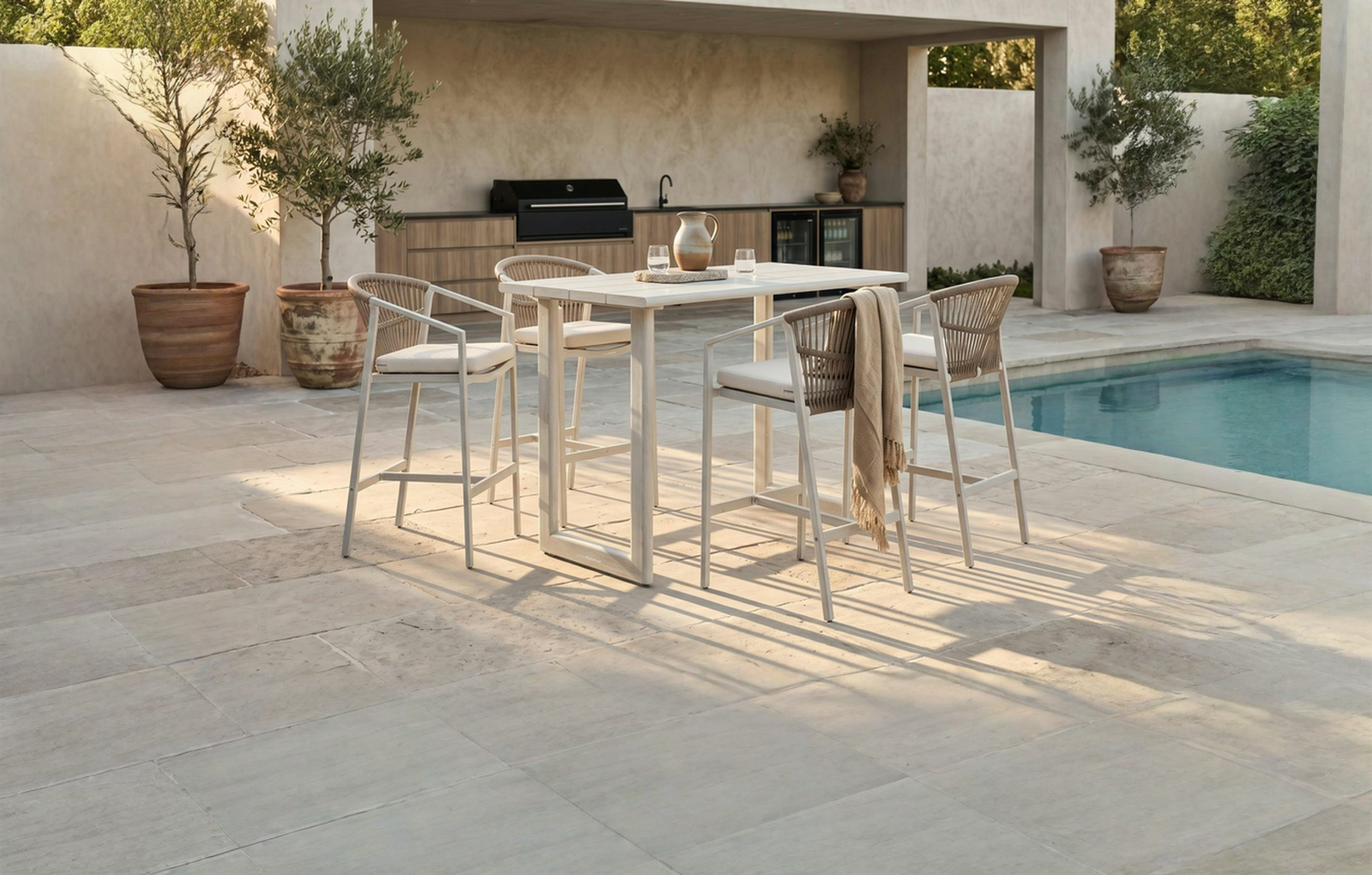 Balmain Whitewash 5 - Piece Outdoor Bar Set with Kova Bar Chairs