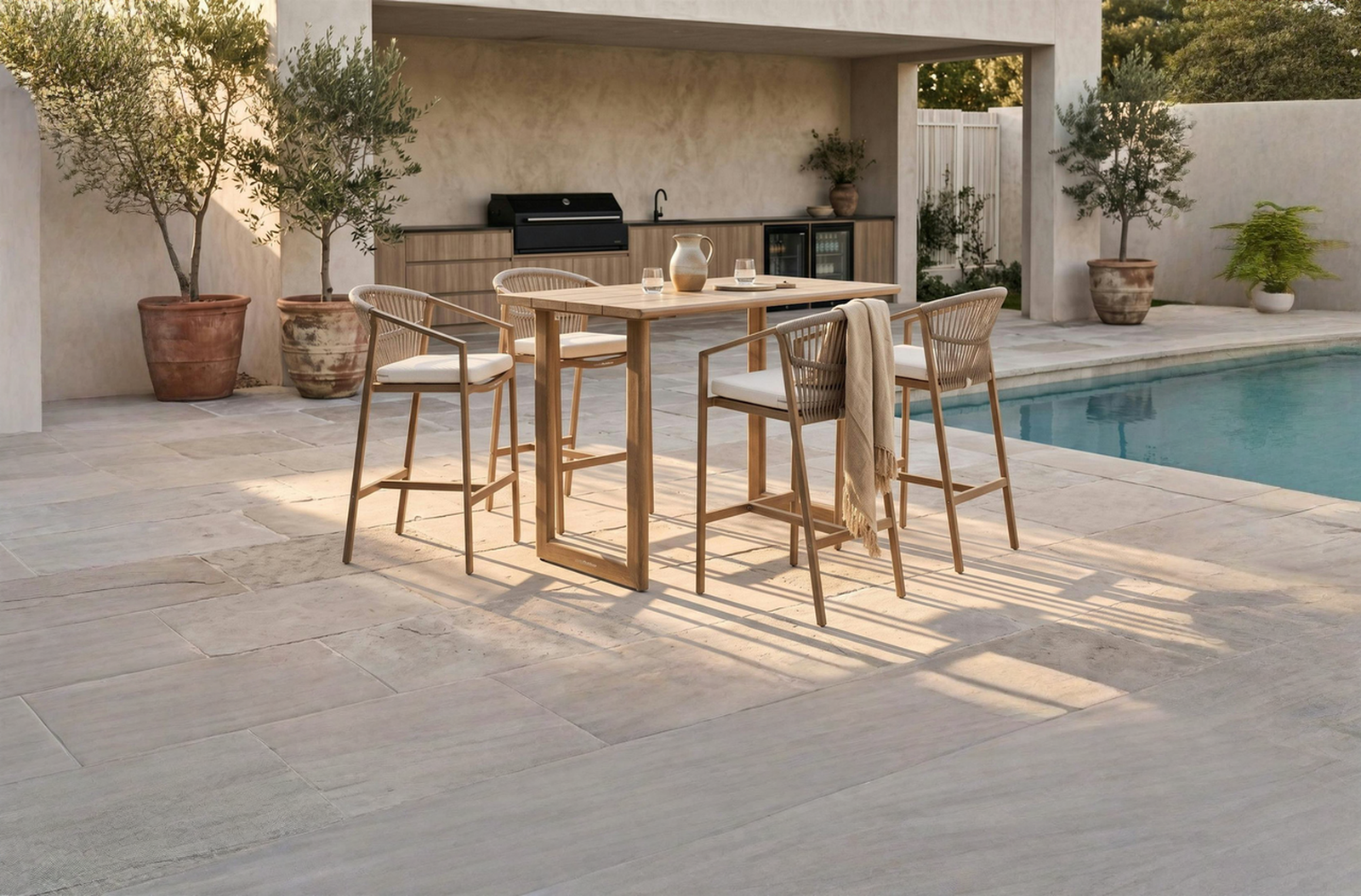 Balmain Oak 5 - Piece Outdoor Bar Set with Kova Bar Chairs