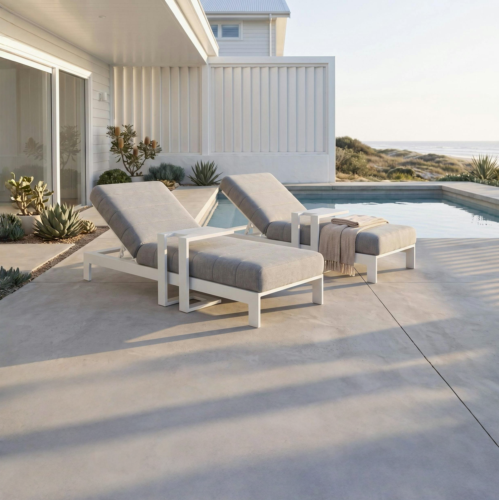 New Noosa White Outdoor Fabric Sun Lounge Set With Side Tables