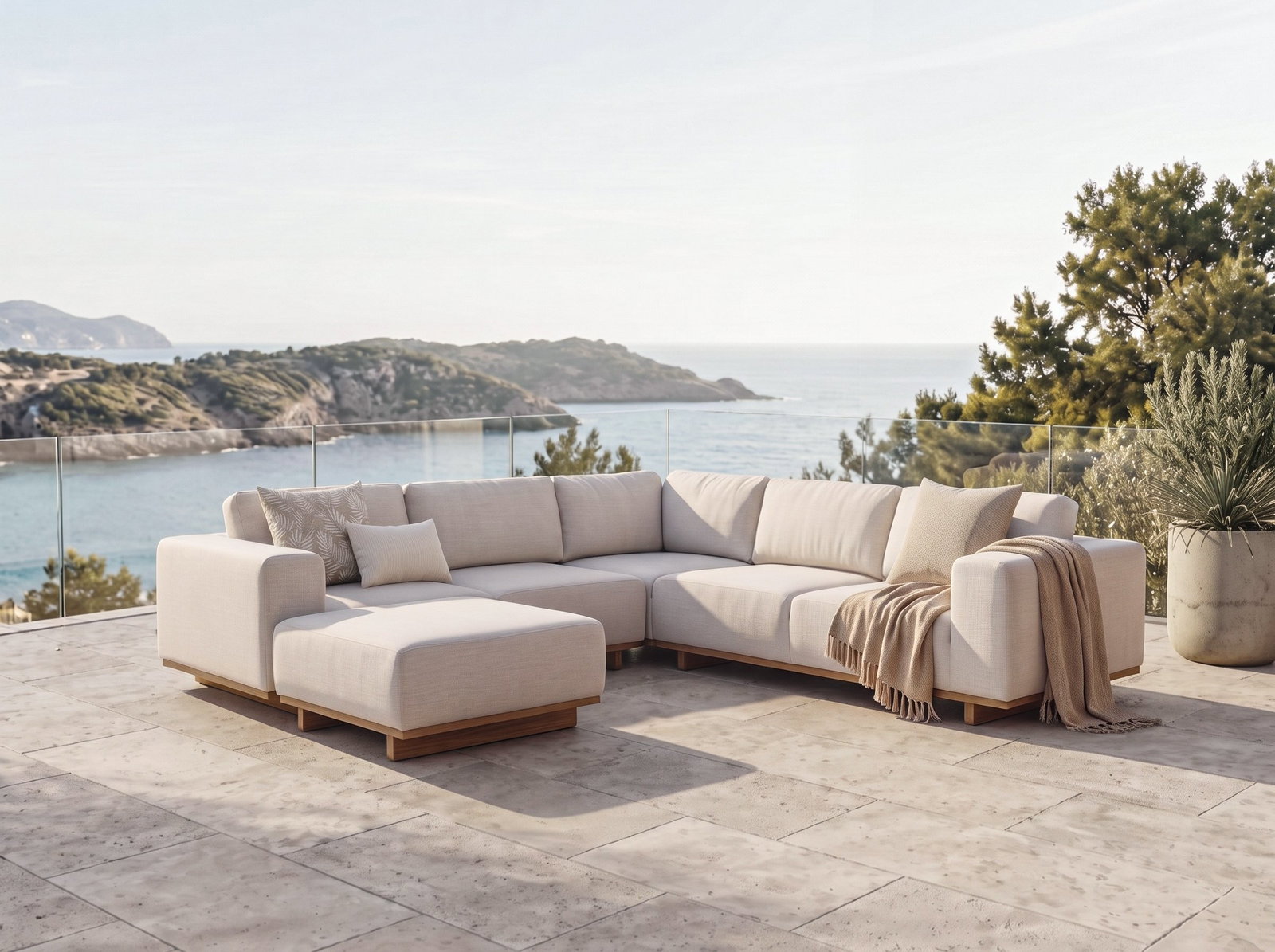 Porta Outdoor Corner Lounge with Ottoman with Teak Accent
