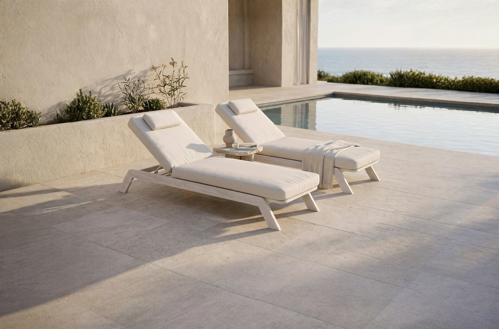 Balmain Whitewash Outdoor Sunlounge with Headrest Cushion Set of Two