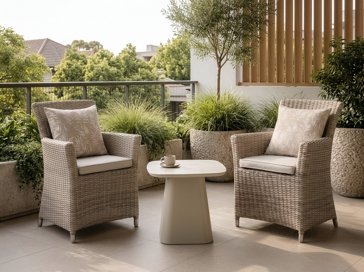 Bester Latte Small Outdoor Balconey Suite With Savannah Wicker Chairs