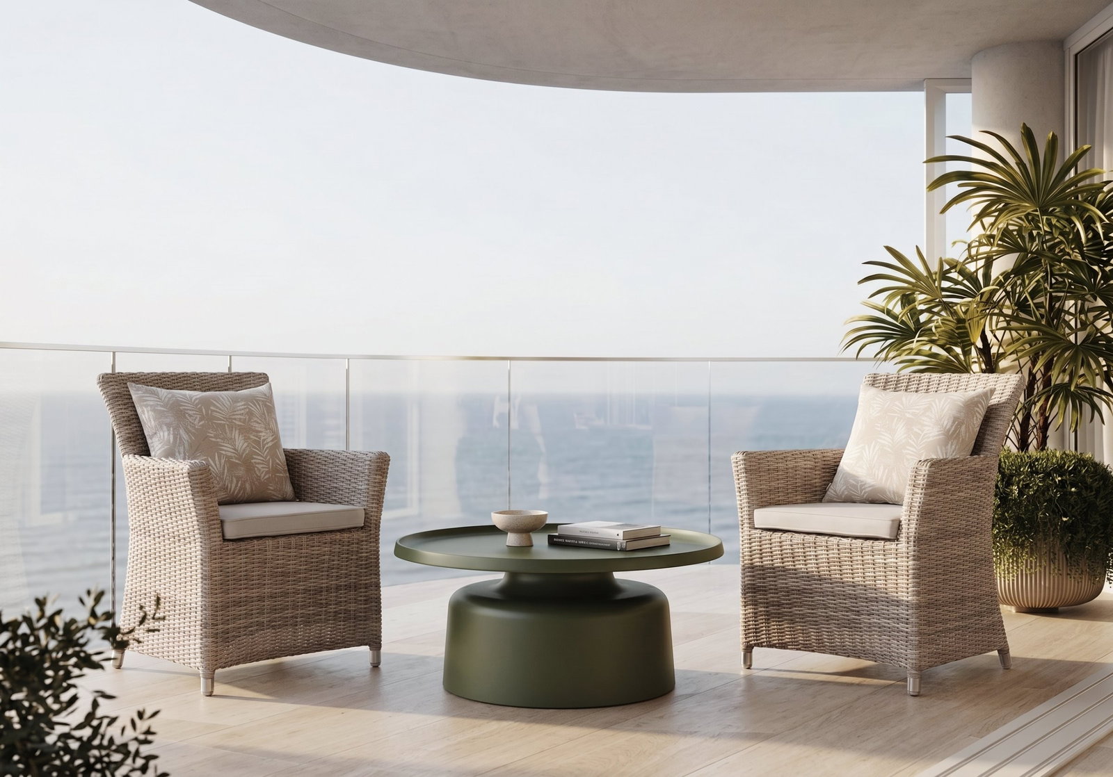 Rozelle Olive Outdoor Balconey Suite With Savannah Wicker Chairs