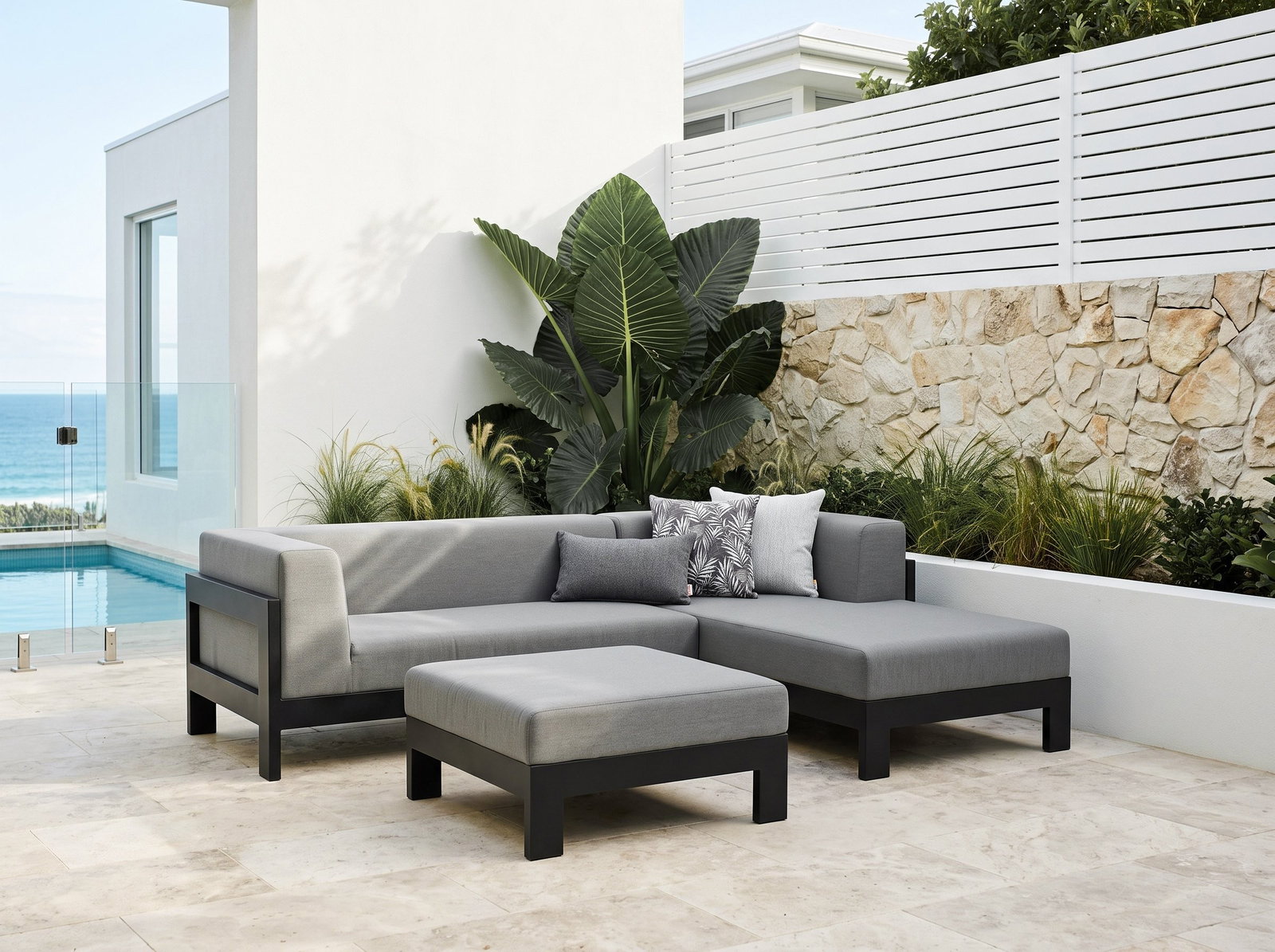 New Noosa Black Outdoor Fabric Chaise Lounge With Ottoman