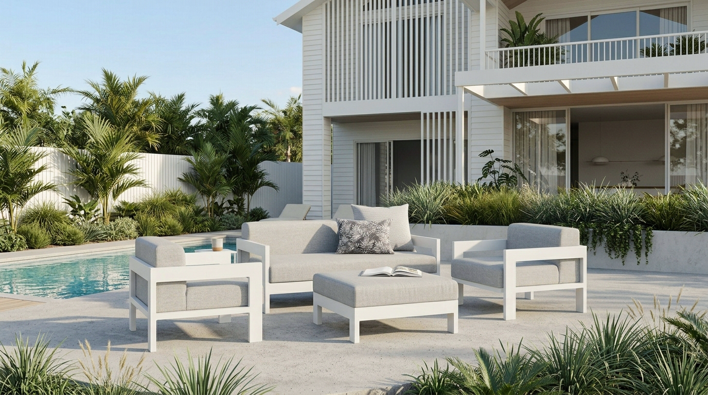 New Noosa White Outdoor Lounge Set 2+1+1 With Ottoman