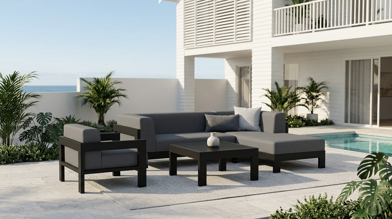 New Noosa Black Outdoor Fabric Chaise Lounge With Armchair & Coffee Table