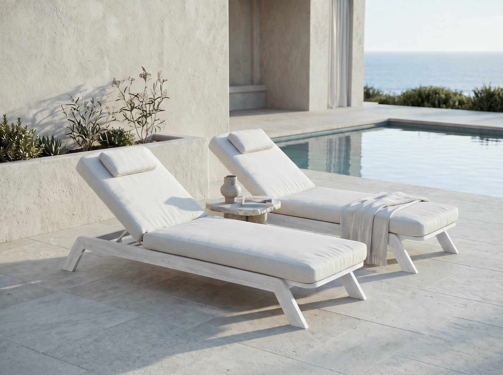 Balmain Whitewash Outdoor Sunlounge with Headrest Cushion Set of Two