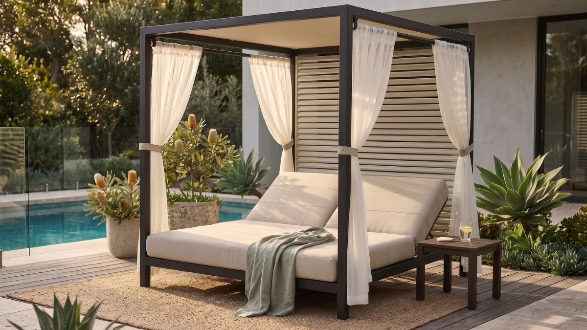 Quality outdoor daybed in a pool or garden setting, resort-quality and aspirational, canopy or shade visible