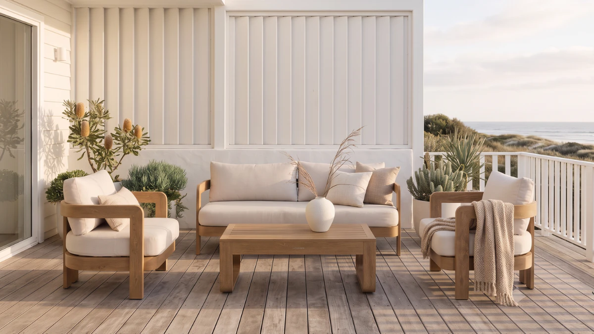 Outdoor aluminium furniture lounge setting Australian coastal backyard