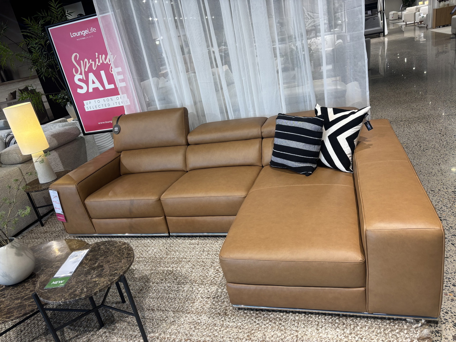 LORENZO Leather Chaise Lounge Option A With Right Hand Facing Chaise (material: Full Leather, Colour: Vintage  Tan) 1