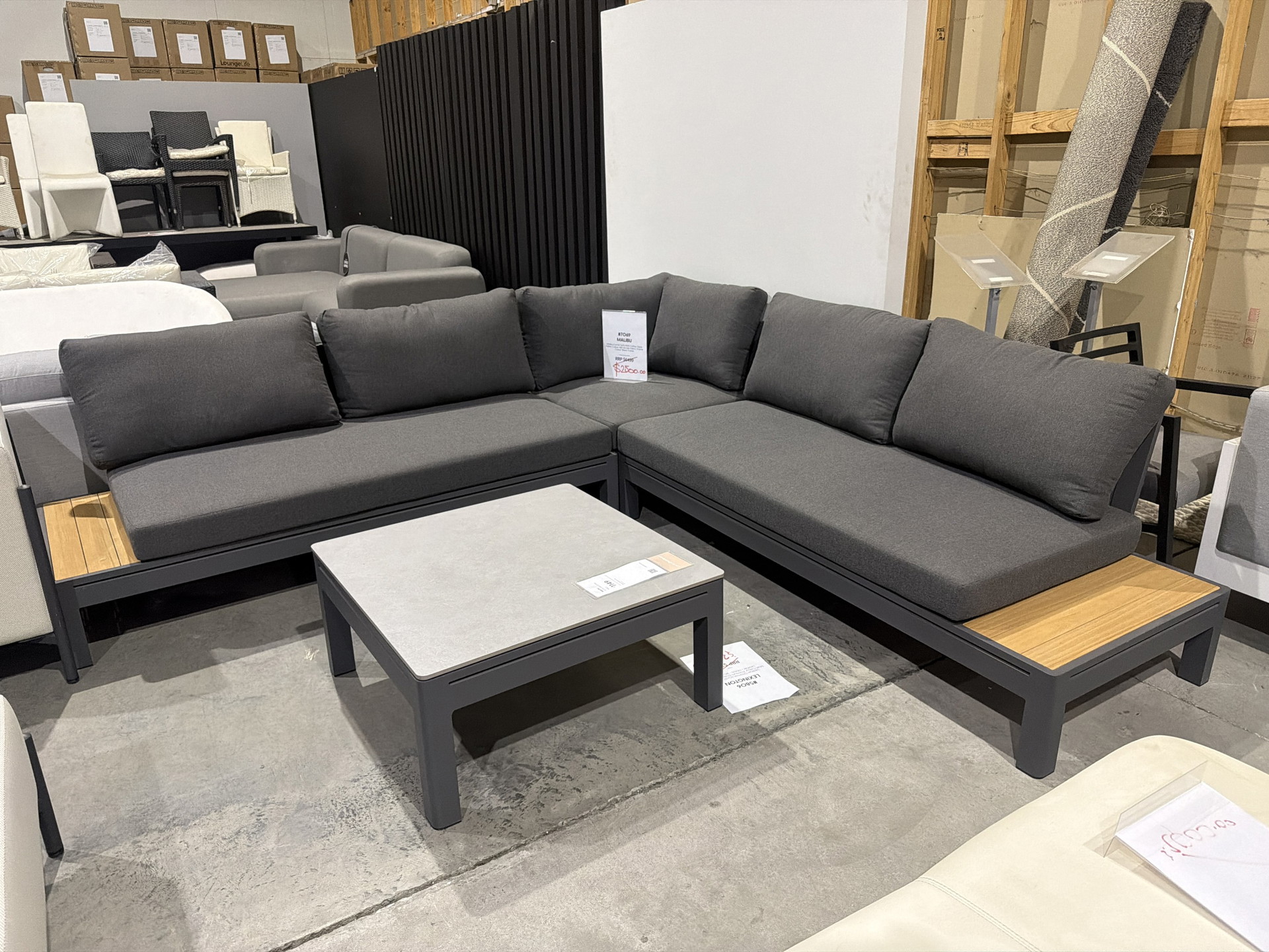 MALIBU Malibu Corner Sofa With Coffee Table (Fabric Colour: Ash Acrylic Fabric, Frame Colour: Black Frame) 1