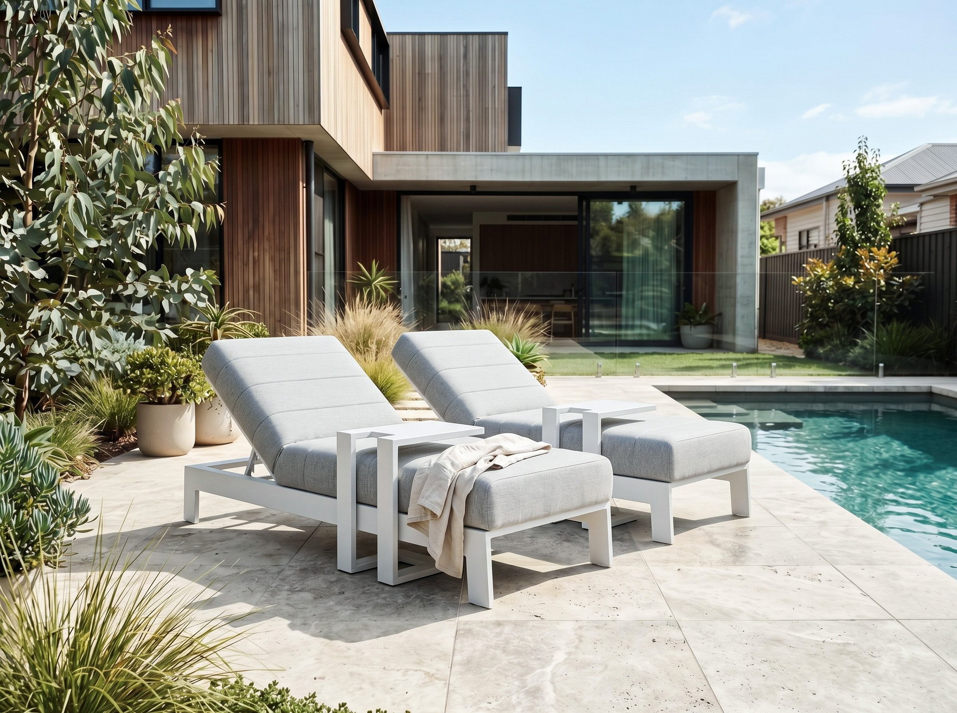 New Noosa White Outdoor Fabric Sun Lounge Set With Side Tables