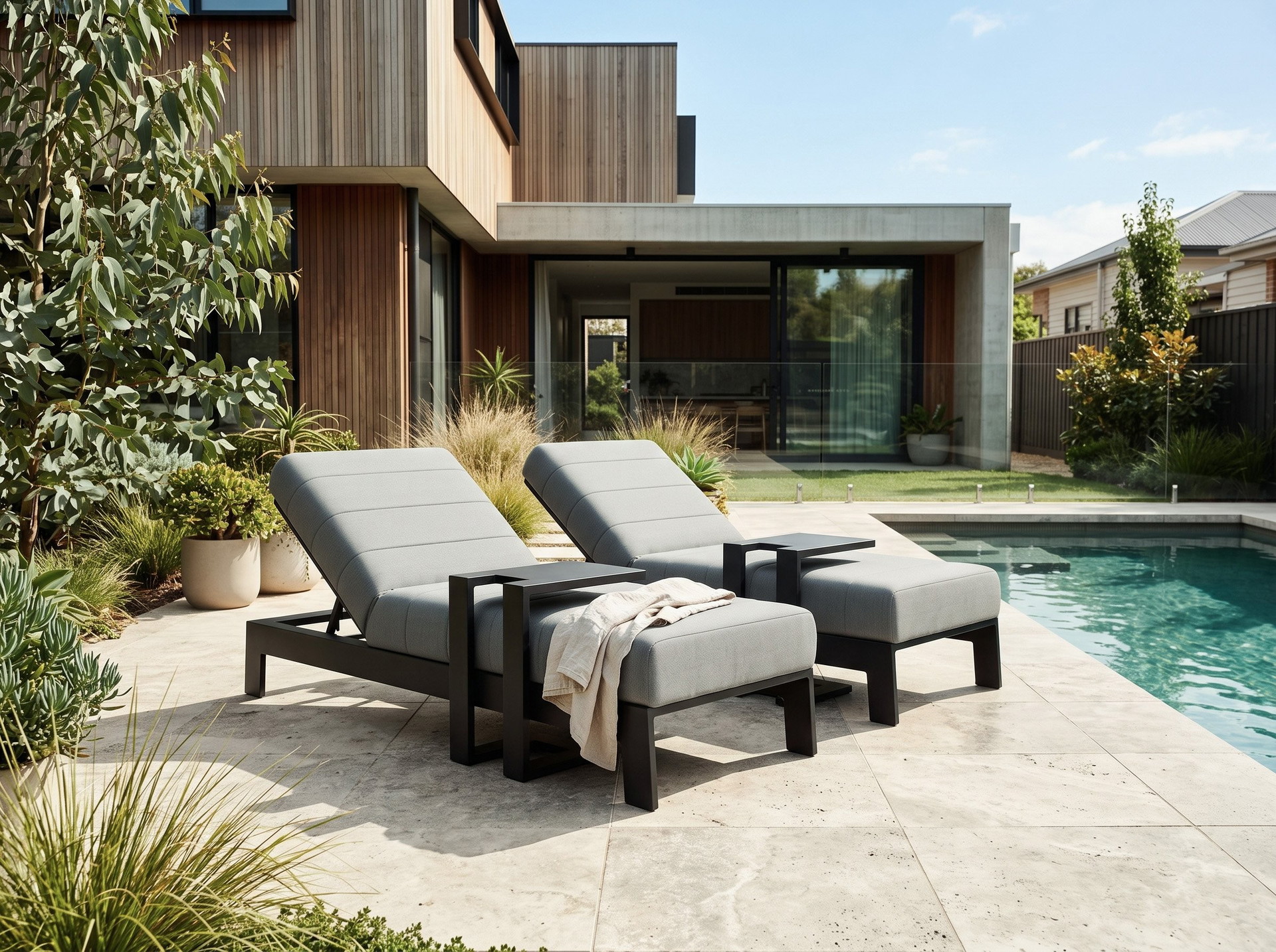 New Noosa Black Outdoor Fabric Sun Lounge Set With Side Tables