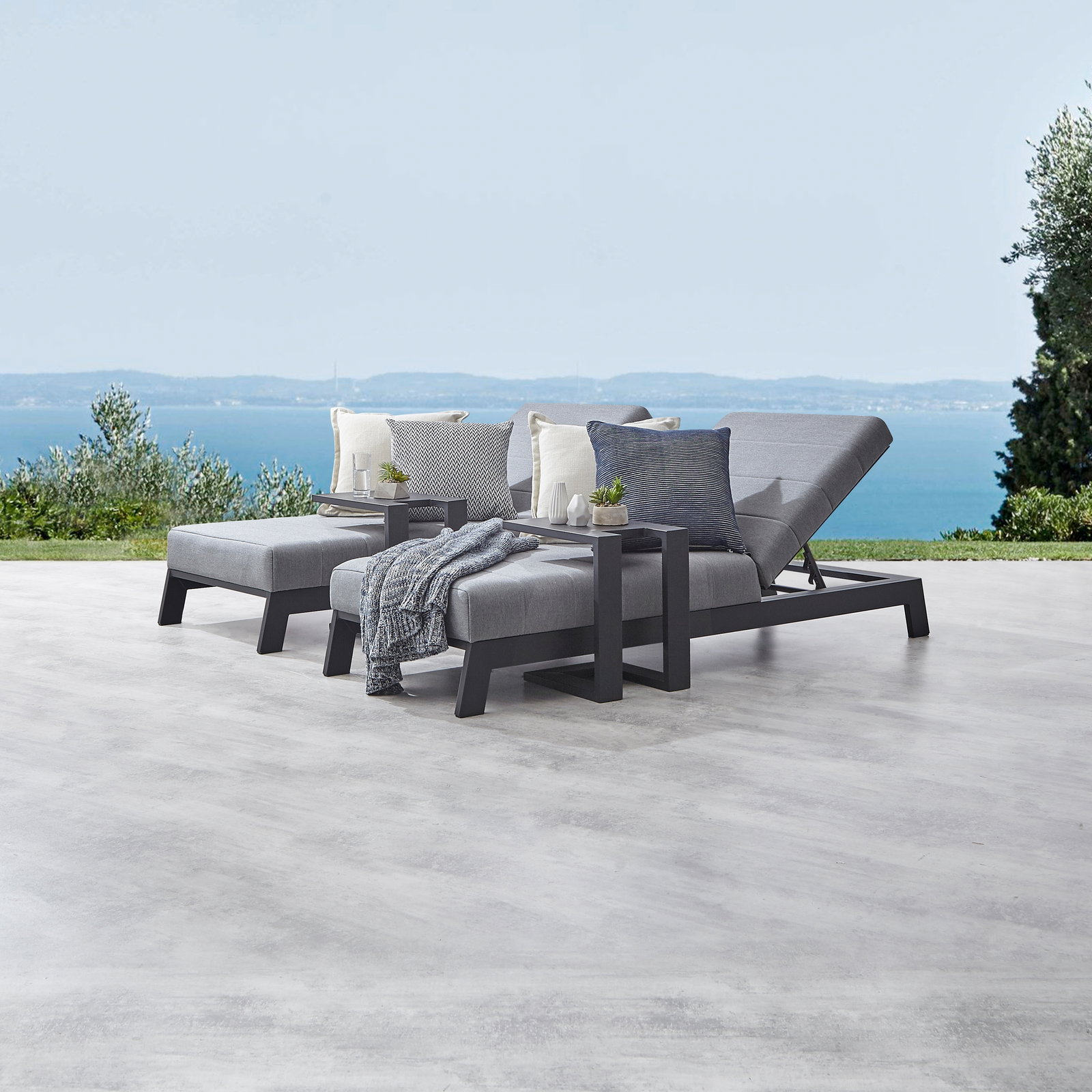 New Noosa Black Outdoor Fabric Sun Lounge Set With Side Tables