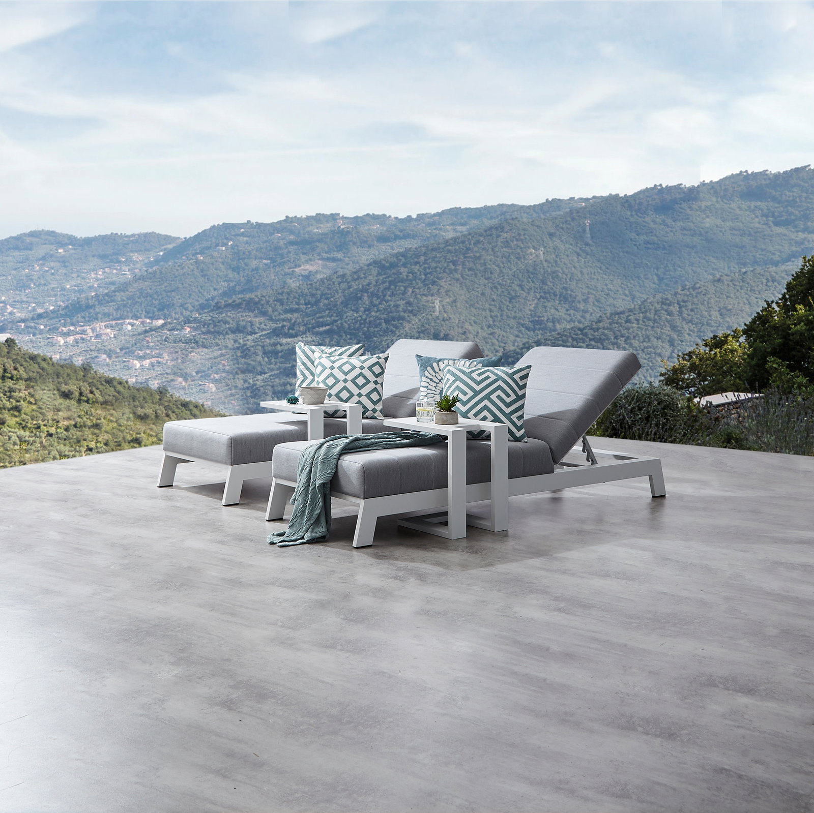 New Noosa White Outdoor Fabric Sun Lounge Set With Side Tables