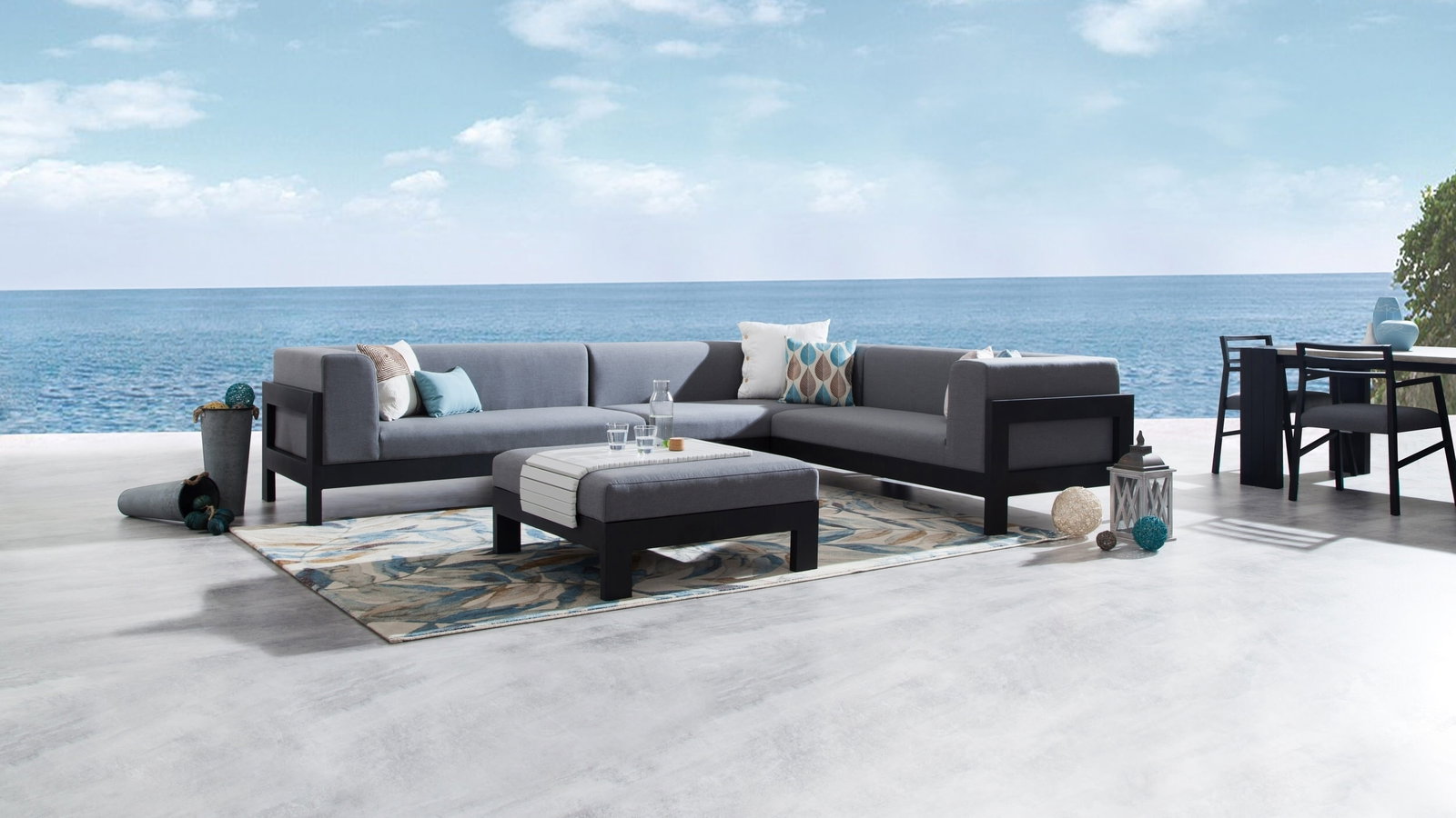 New Noosa Black Outdoor Fabric Corner Lounge With Ottoman