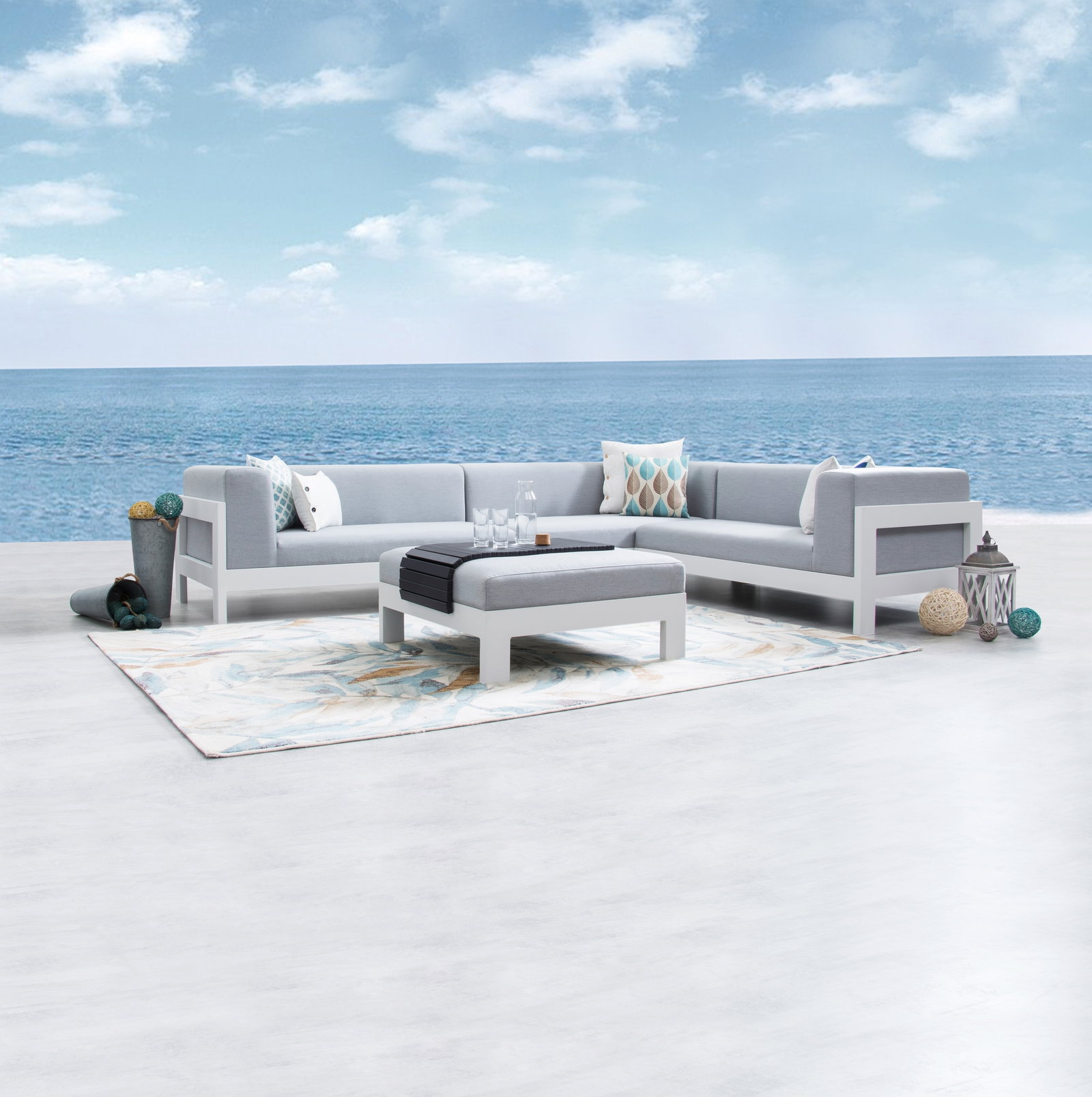 New Noosa White Outdoor Fabric Corner Lounge With Ottoman