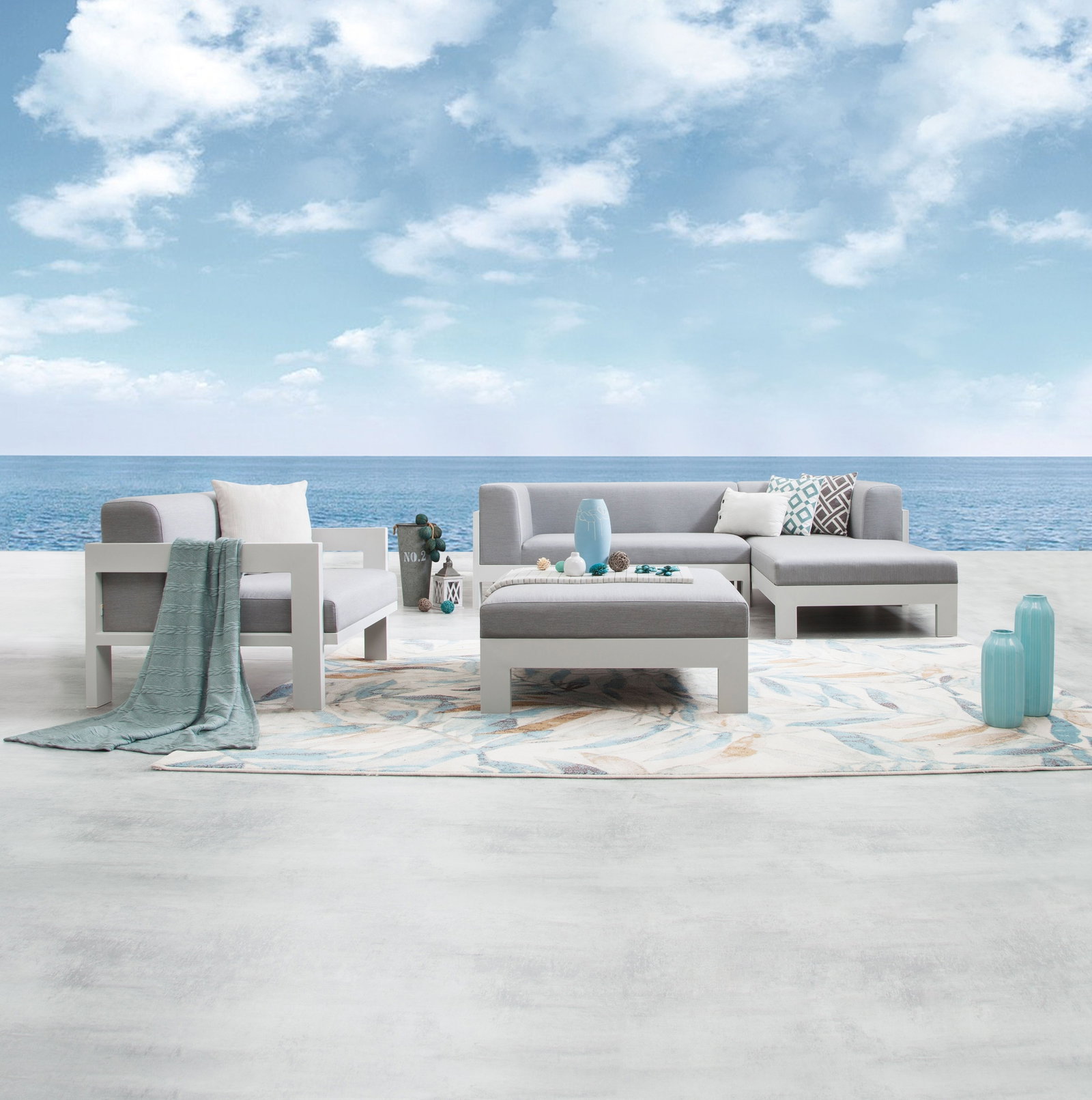 New Noosa White Outdoor Fabric Chaise Lounge With Armchair & Ottoman