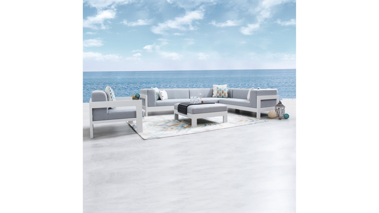 New Noosa White Outdoor Fabric Corner Lounge With Armchair And Ottoman