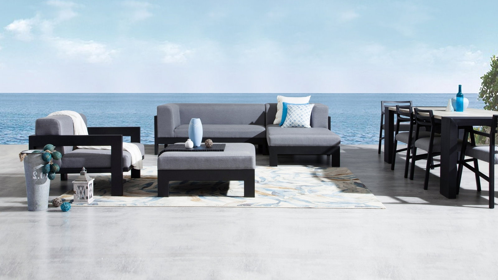 New Noosa Black Outdoor Fabric Chaise Lounge With Ottoman