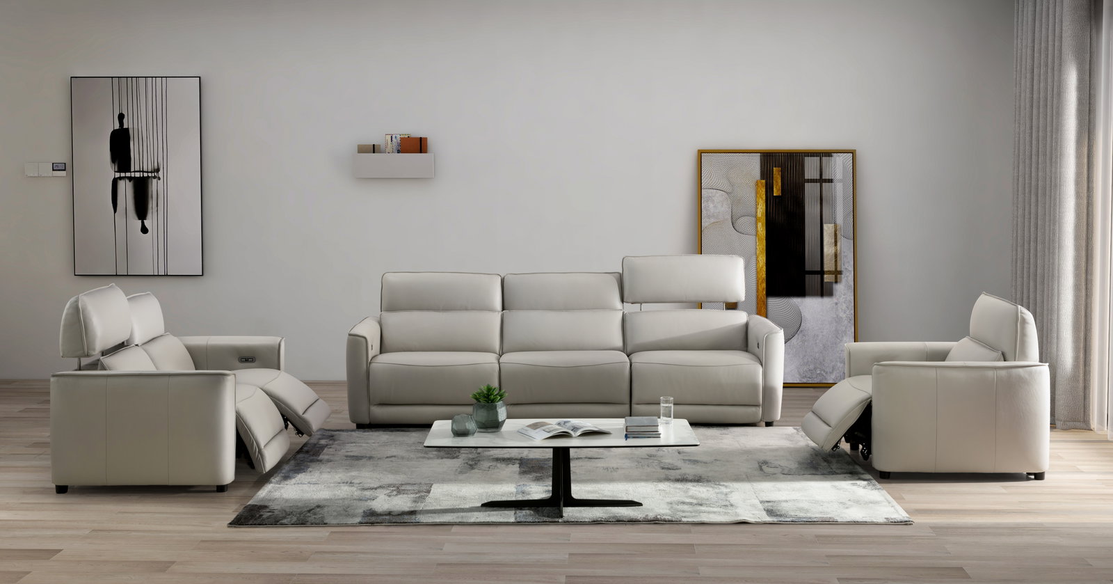 AFFLECK Leather Recliner Three Seat Sofa (Material- Full Leather ,colour-premium Black) 1