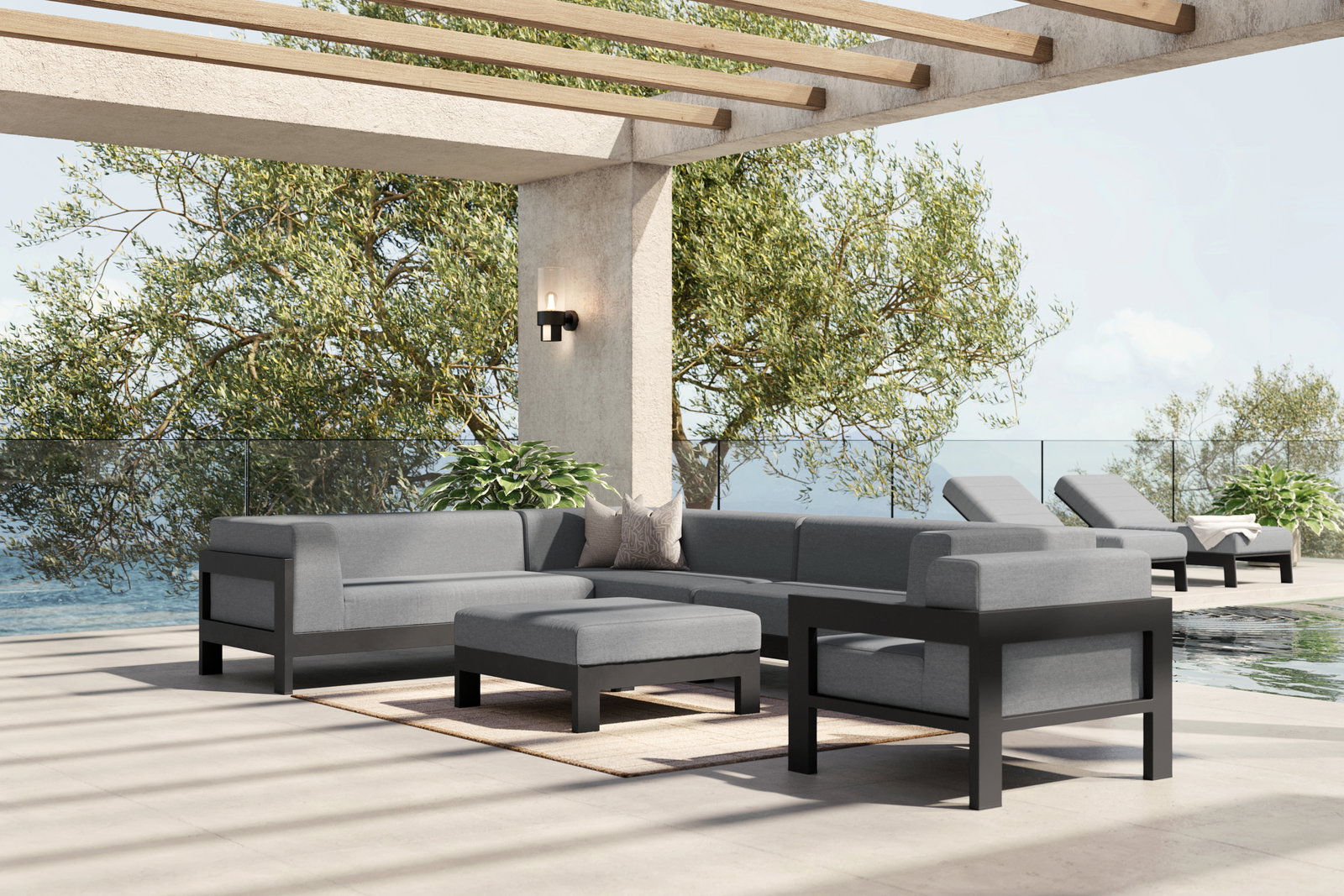 New Noosa Black Outdoor Fabric Corner Lounge With Ottoman 5