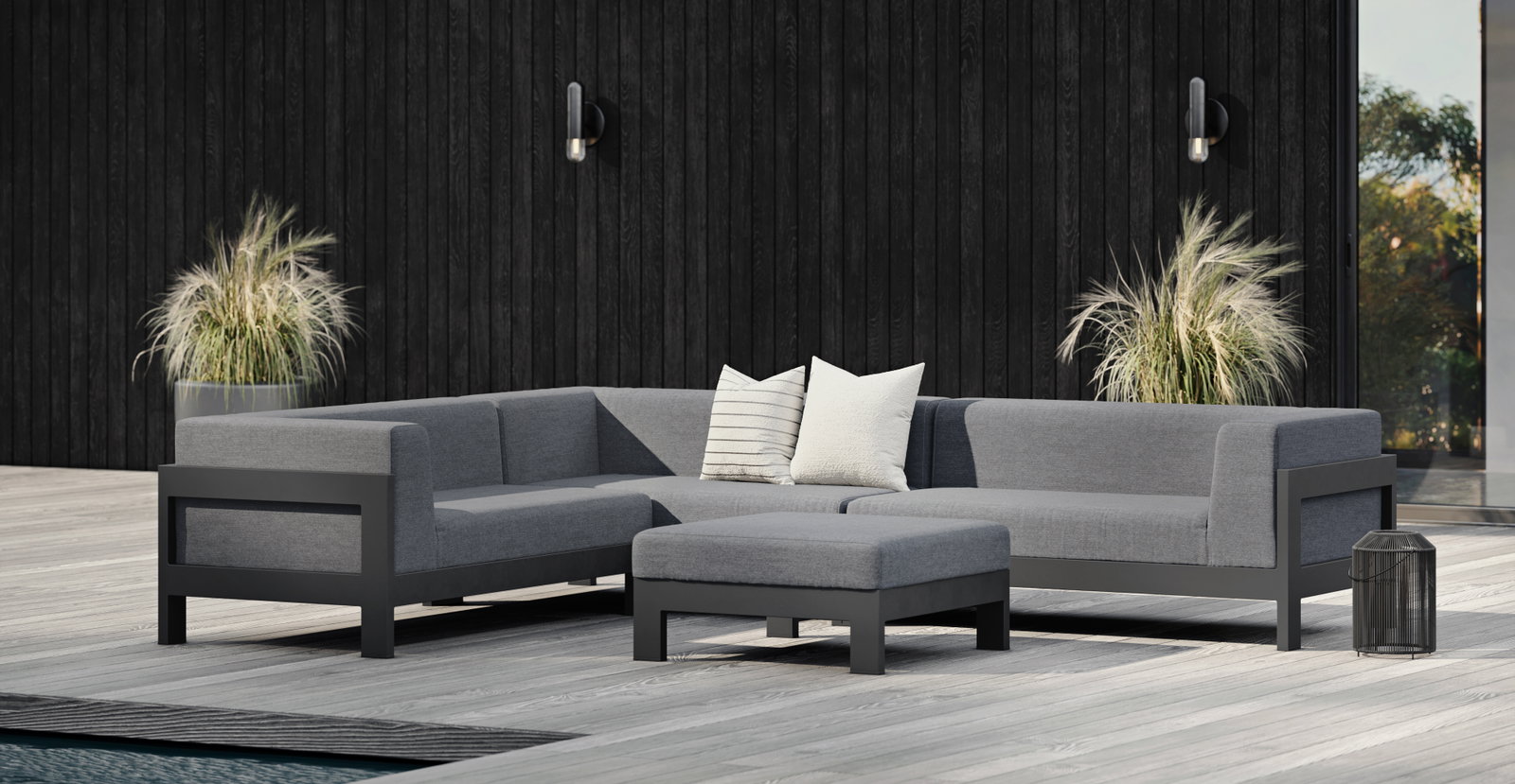 New Noosa Black Outdoor Fabric Corner Lounge With Ottoman 4