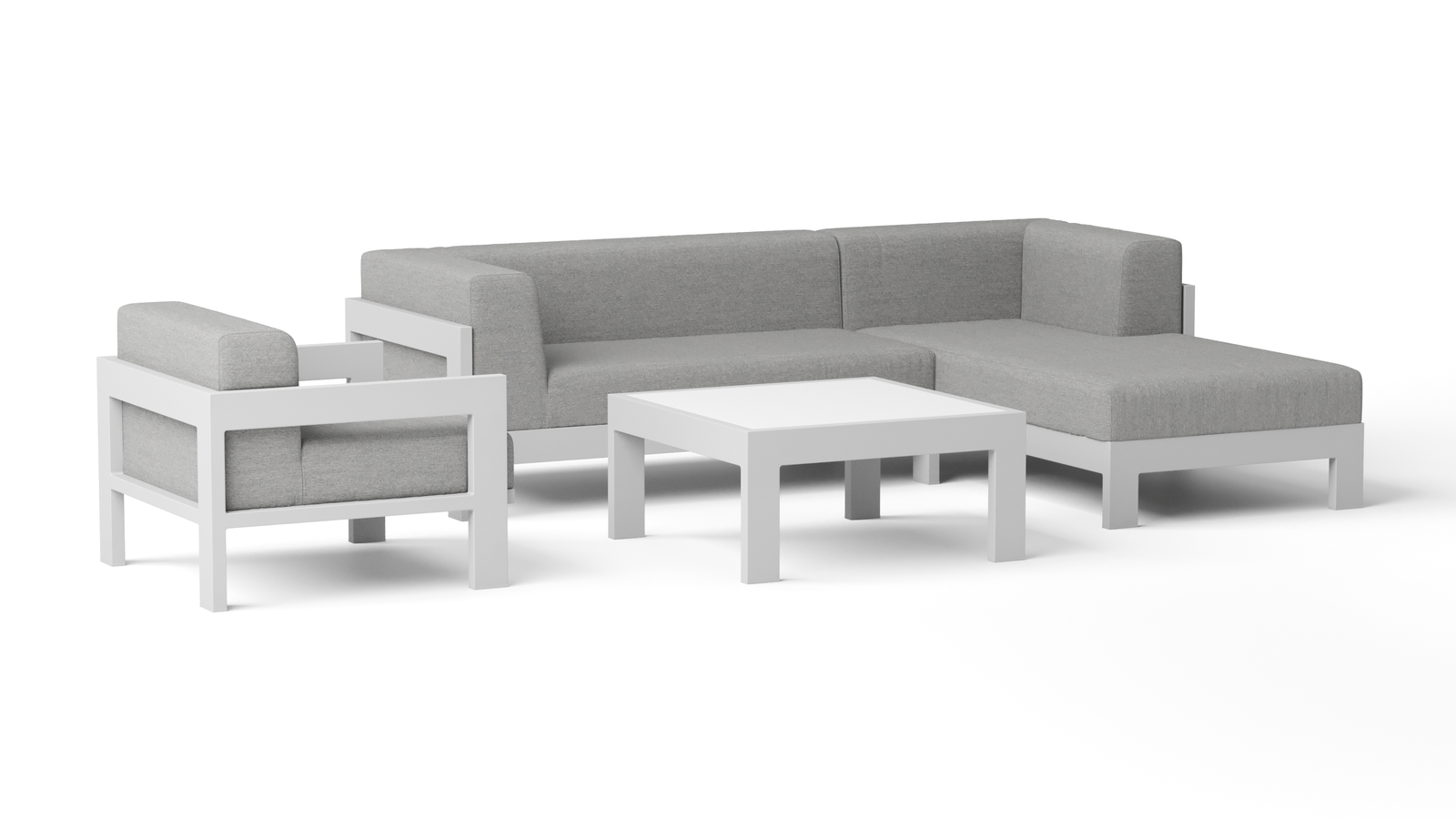 New Noosa White Outdoor Fabric Chaise Lounge With Armchair & Coffee Table